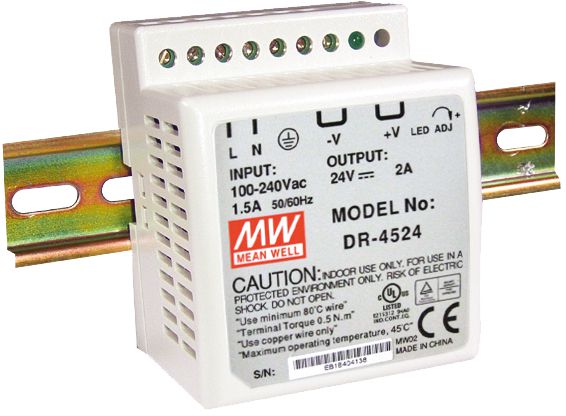 MEAN WELL DR-45-24 DIN-Rail Power Supply Unit, 45W 24V DC