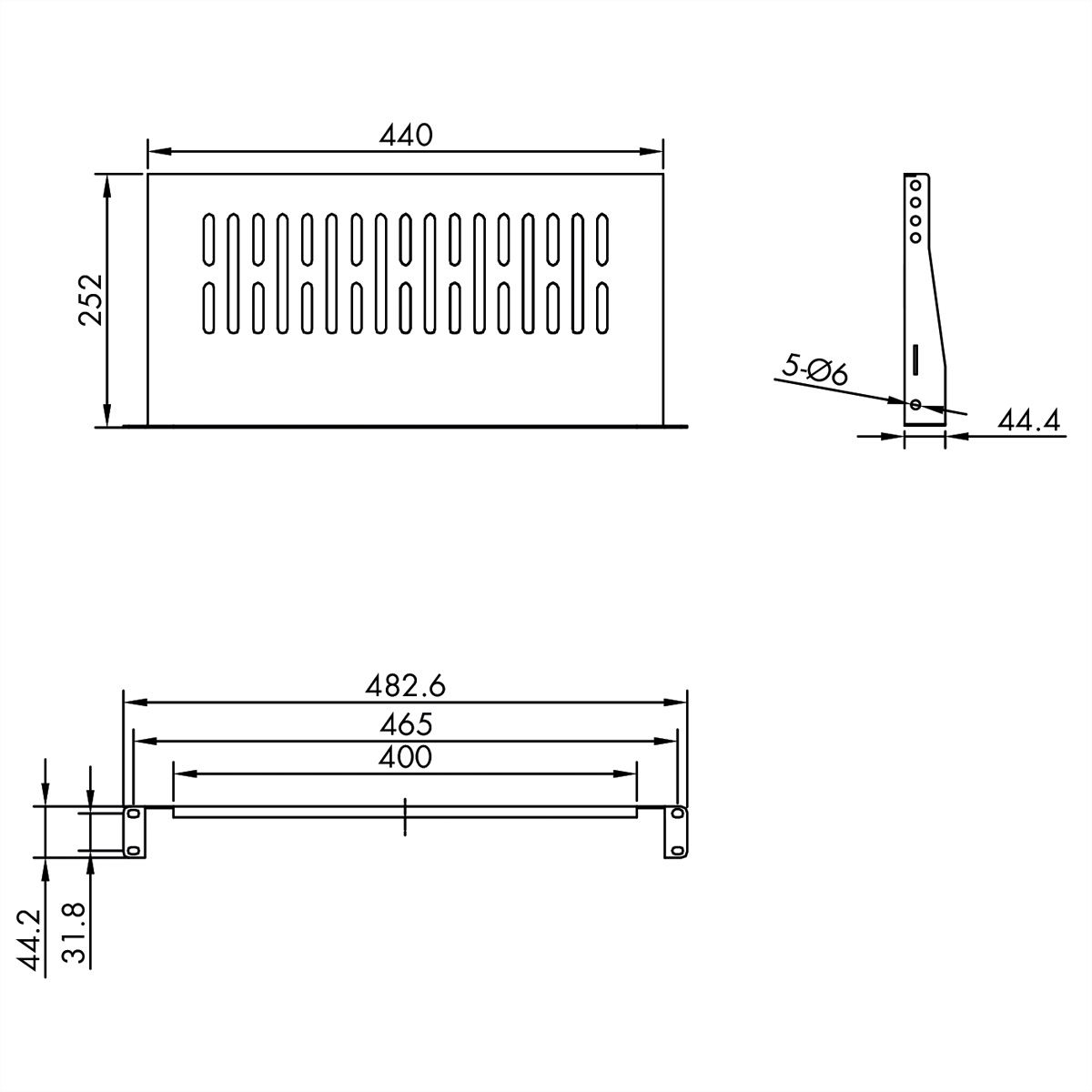 VALUE 19"-Fixed Shelf, 440 x 250mm, max. 10kg, 1U, U-Shape, black