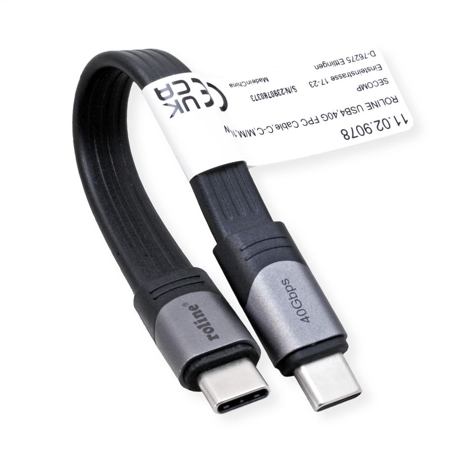 ROLINE USB4 Gen3x2 Cable, PD, C-C, M/M, 8K UHD-2, 40Gbit/s, 100W, extra-flat, black, 15 cm