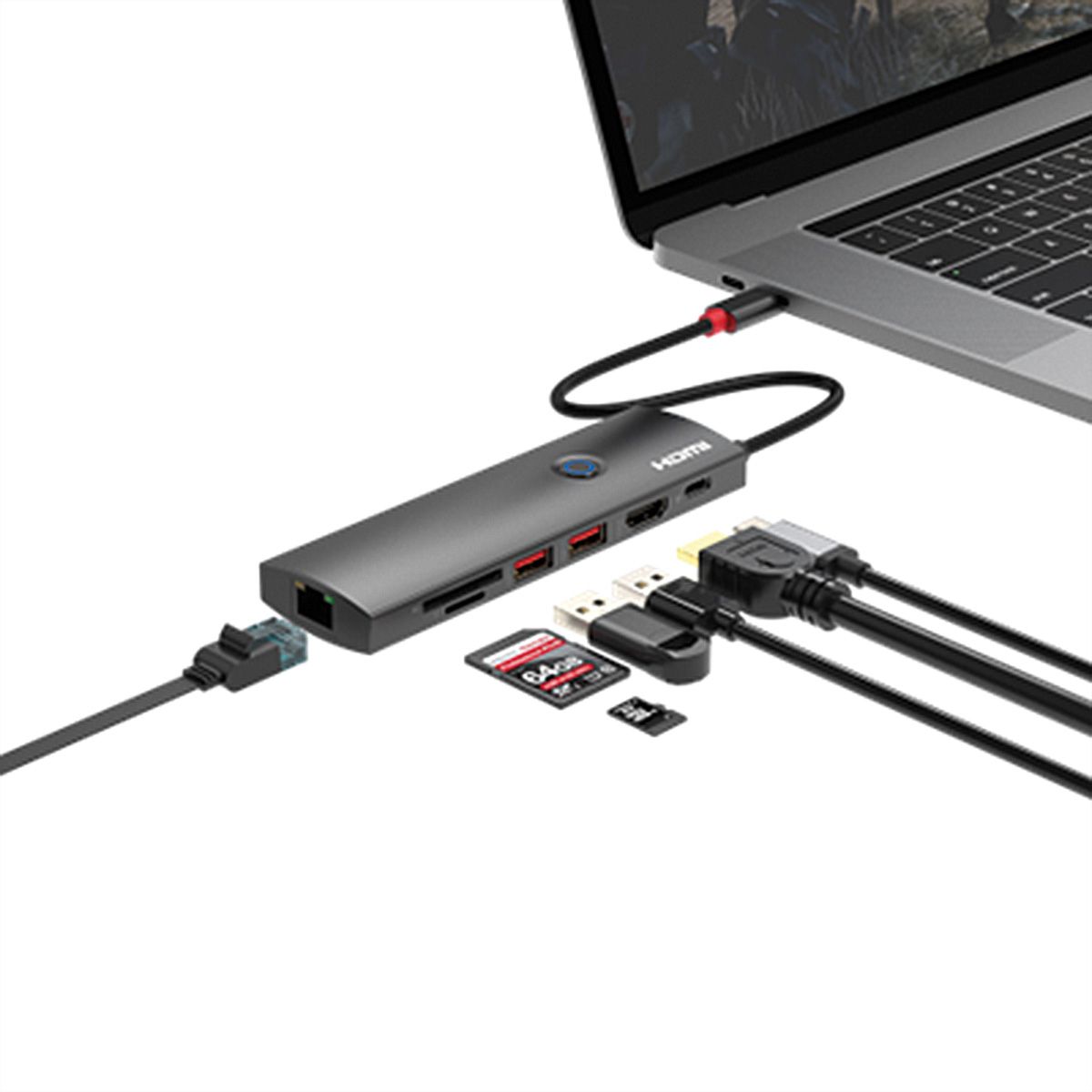 ROLINE USB 3.2 Gen 2 Type C Docking Station, HDMI 4K60, USB 3.2 Gen2, USB-C PD, LAN, SD-Card Reader