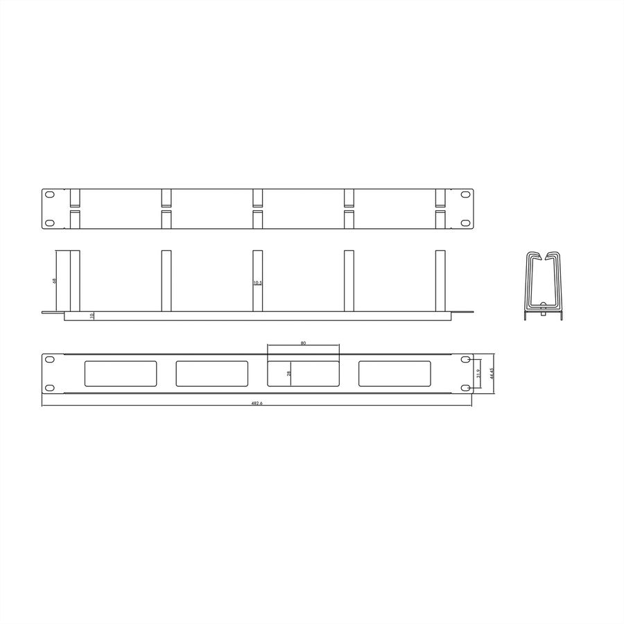 VALUE 19" 1U Cable Management Plate, C-Type, 5 Hooks, Cut-out front panel / cable feed-through, black