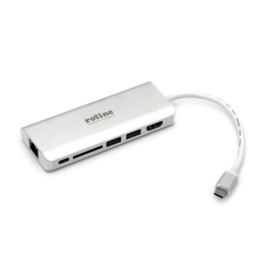 ROLINE USB Type C docking station, 4K HDMI, 2x USB 3.0 / USB 3.2 Gen 1 ports, 1x SD/MicroSD card reader, 1x USB Type C PD (Power Delivery) + Data, 1x Gigabit Ethernet