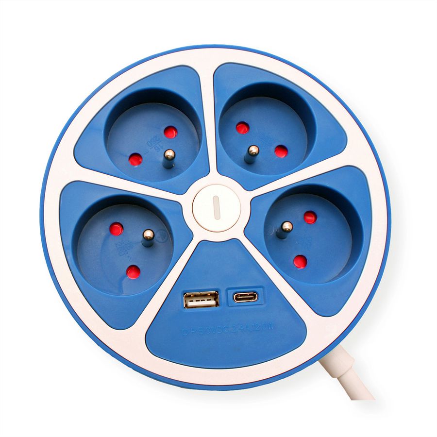 ROLINE Power Strip, 4-way, with switch, round, 1x USB A+ 1x USB C, UTE Version, blue, 3 m