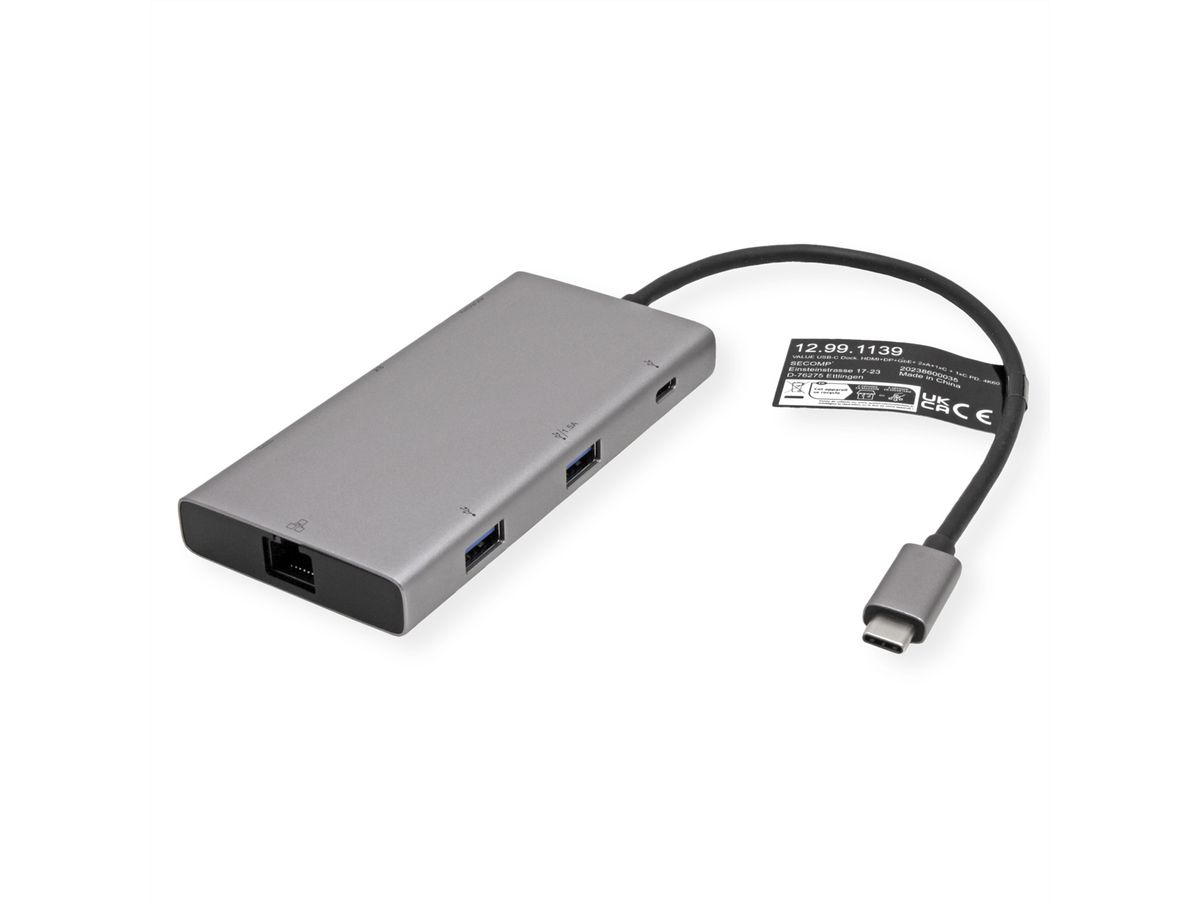 VALUE Dockingstation, HDMI+DP 4K60, 1x C USB3.2Gen1 + 2x A USB3.2 Gen1, 1x Type C PD, 1x RJ45