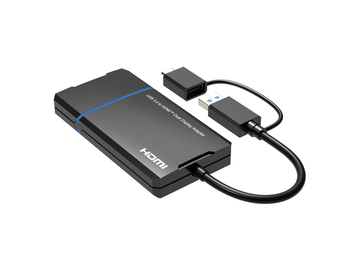 VALUE USB 3.2 Gen 1 (USB-A or USB-C) to 2x HDMI Adapter, 4K@30Hz + 1080P@60Hz
