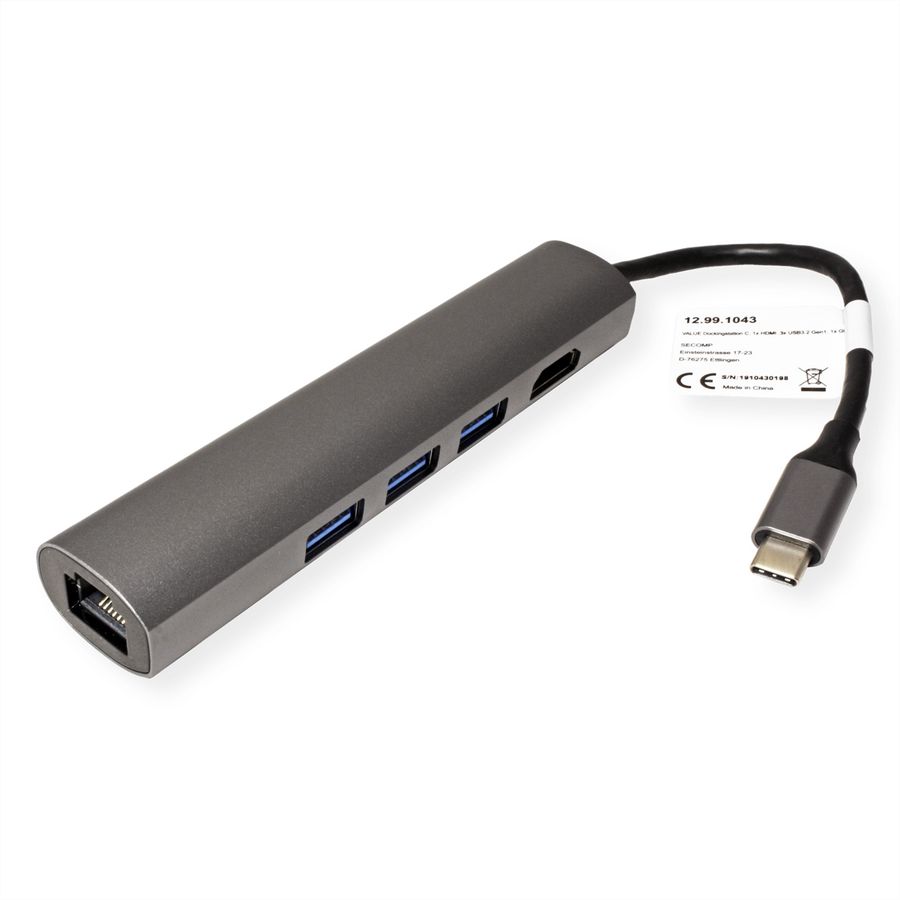VALUE USB-C docking station, 4K HDMI, 3x USB 3.2 Gen 1, Gigabit Ethernet, grey
