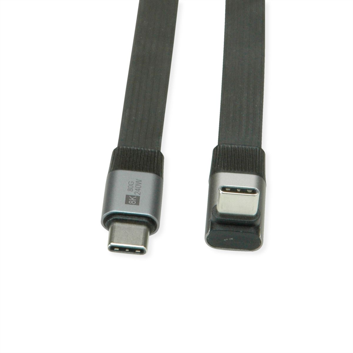 ROLINE Cable USB4 2.0, Flat, Straight-270° Angled, with Emark, C–C, M/M, 8K UHD-2, 80Gbit/s, 240W, black, 0.8 m