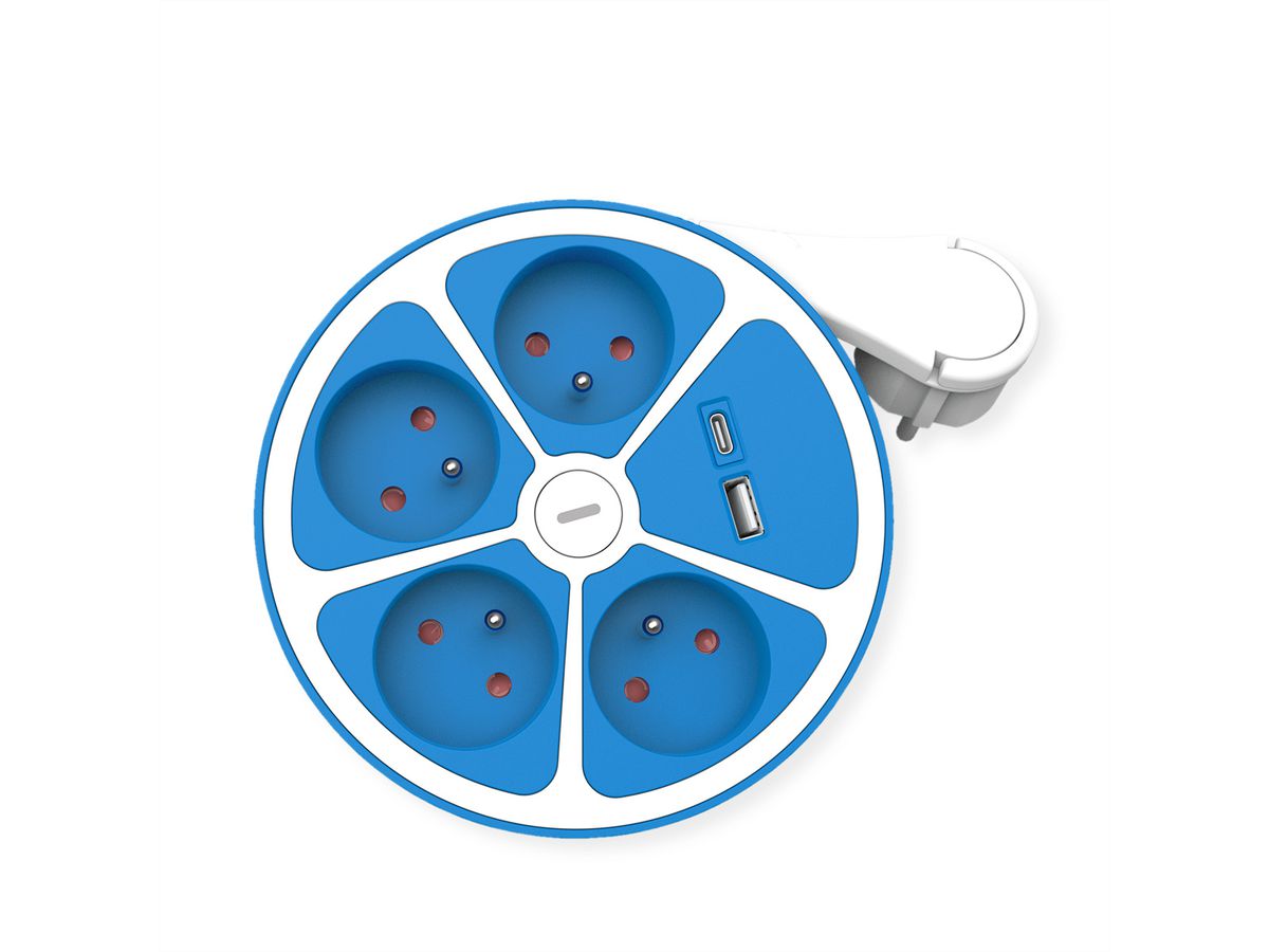 ROLINE Power Strip, 4-way, with switch, round, 1x USB A+ 1x USB C, UTE Version, blue, 1.5 m