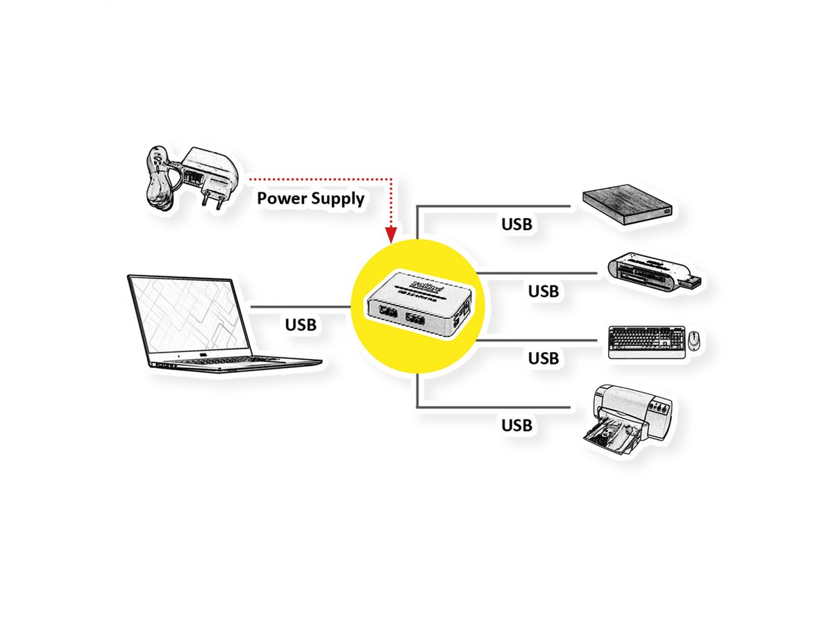 ROLINE USB 2.0 Hub "Black and White", 4 Ports, with Power Supply