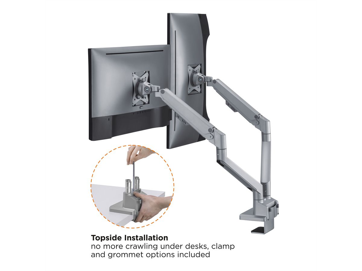 ROLINE Dual LCD Monitor Stand Pneumatic, Desk Clamp, Pivot, 2 Joints, silver