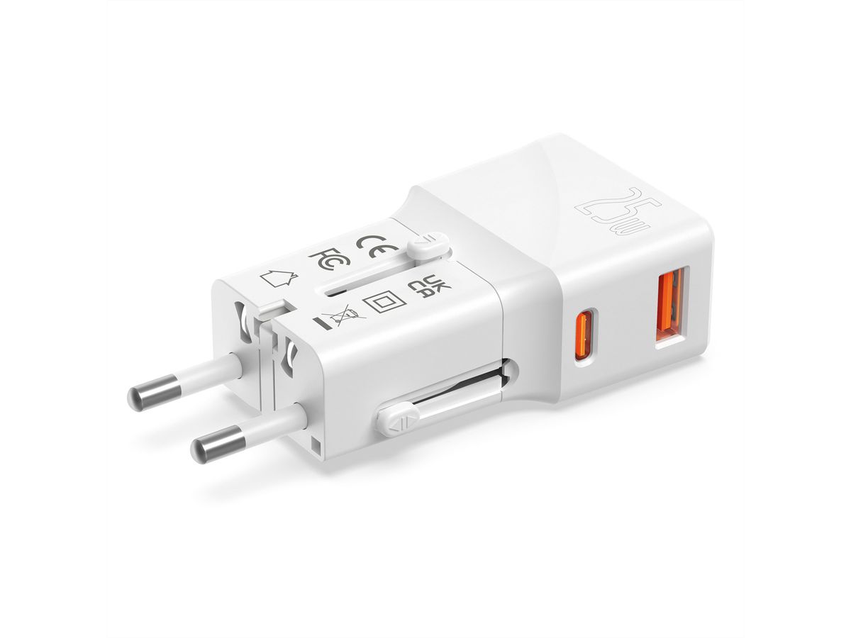 VALUE POCKET Travel Charger, EU/UK/US, 2x Ports (A+C), 25W, white