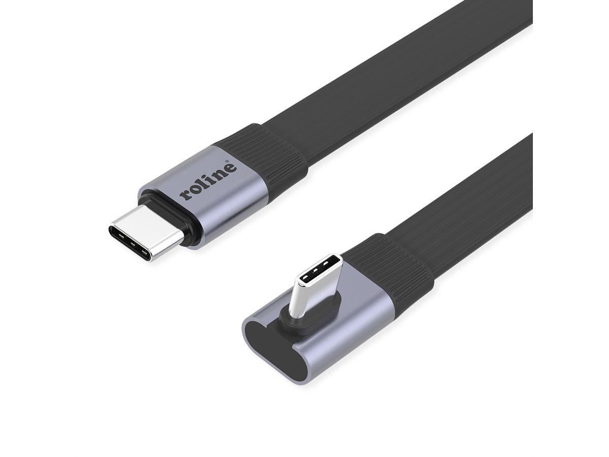 ROLINE Cable USB4 2.0, Flat, Straight-90° Angled, with Emark, C–C, M/M, 8K UHD-2, 80Gbit/s, 240W, black, 0.8 m