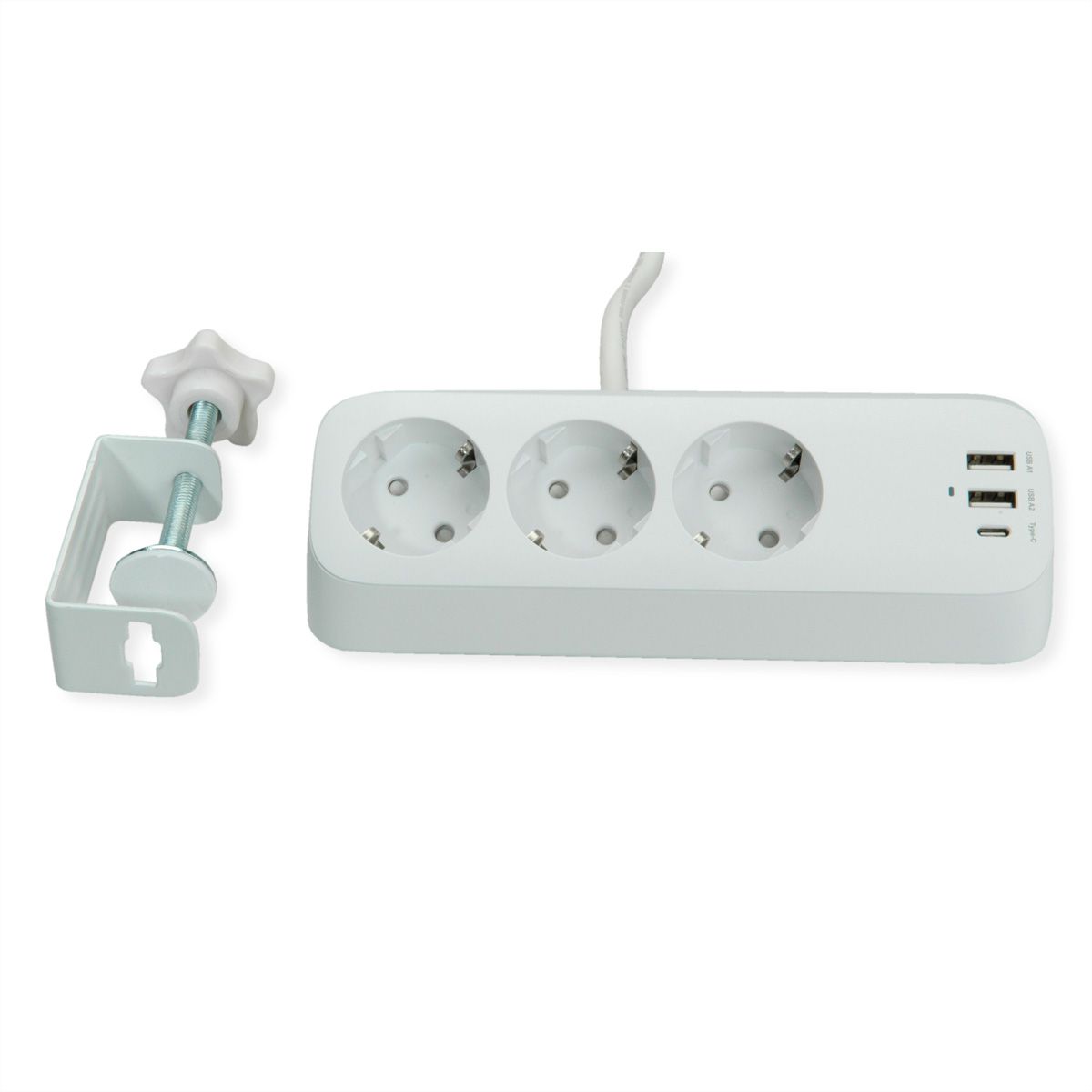 VALUE Power Strip, 3-way, with 3x USB (1x C + 2x A) and table clamp, 1.5 m