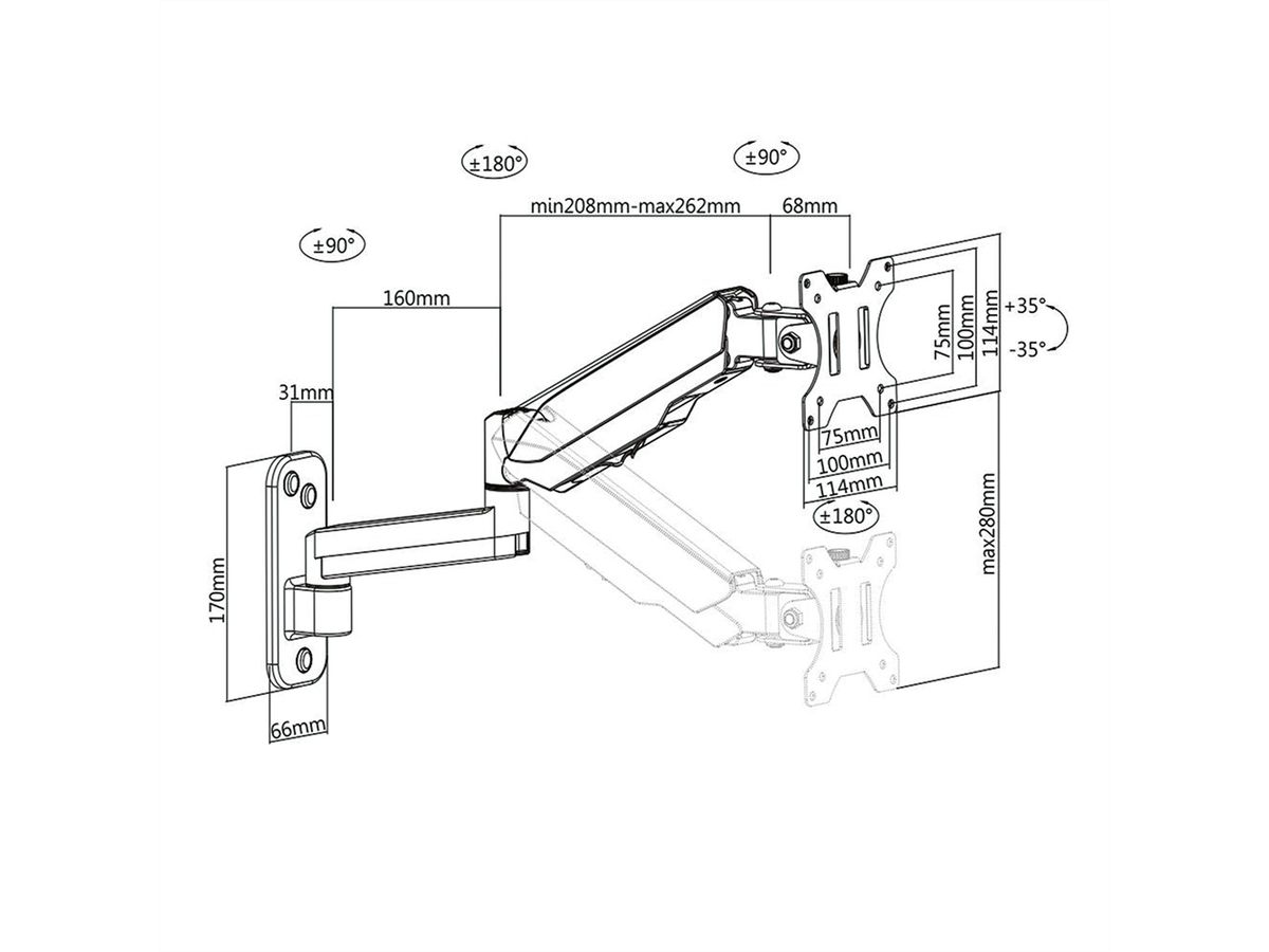 VALUE LCD Monitor Arm, Wall Mount, 5 Joints, Pivot, black