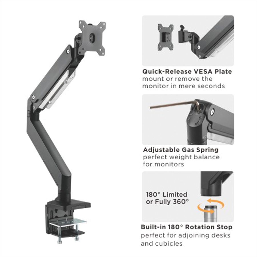 ROLINE LCD Monitor Stand Pneumatic, Desk Clamp, Pivot, max. 18 kg, 5 Joints