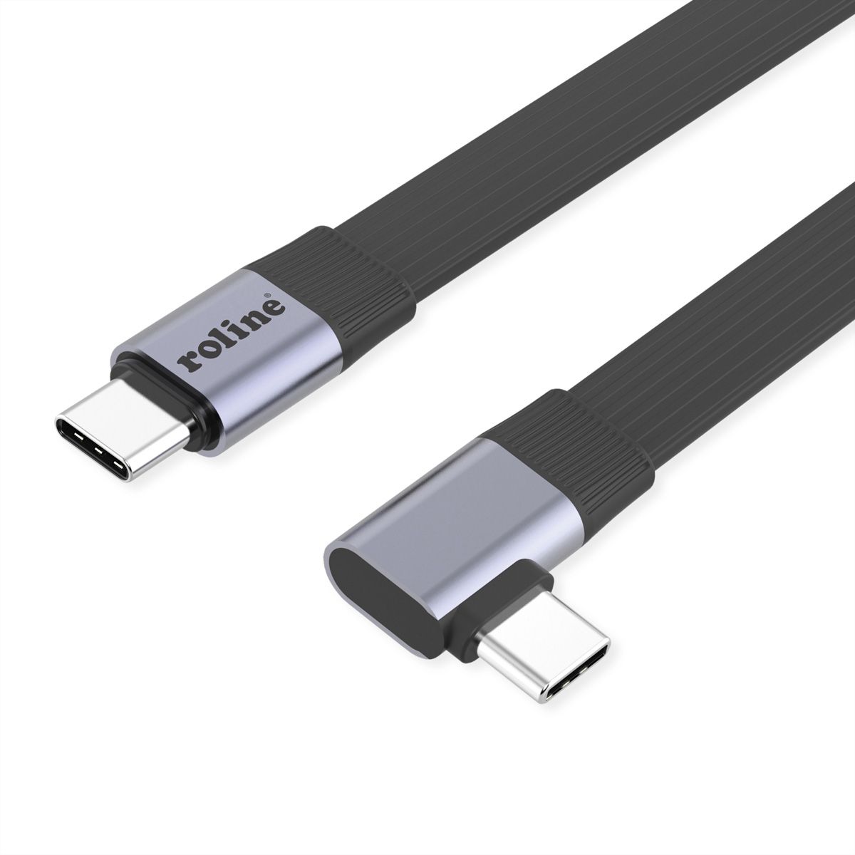 ROLINE Cable USB4 2.0, Flat, Straight-90° Angled, with Emark, C–C, M/M, 8K UHD-2, 80Gbit/s, 240W, black, 0.13 m