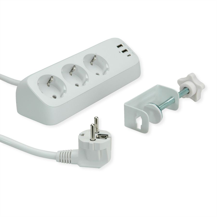 VALUE Power Strip, 3-way, with 3x USB (1x C + 2x A) and table clamp, 1.5 m