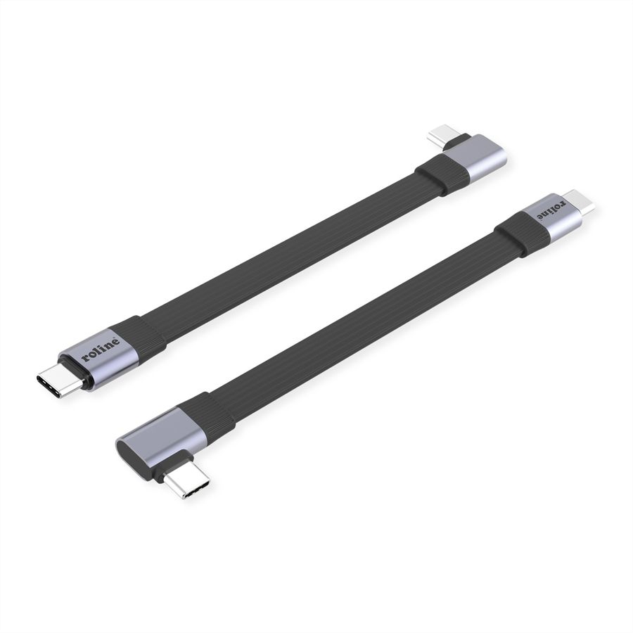 ROLINE Cable USB4 2.0, Flat, Straight-90° Angled, with Emark, C–C, M/M, 8K UHD-2, 80Gbit/s, 240W, black, 0.13 m