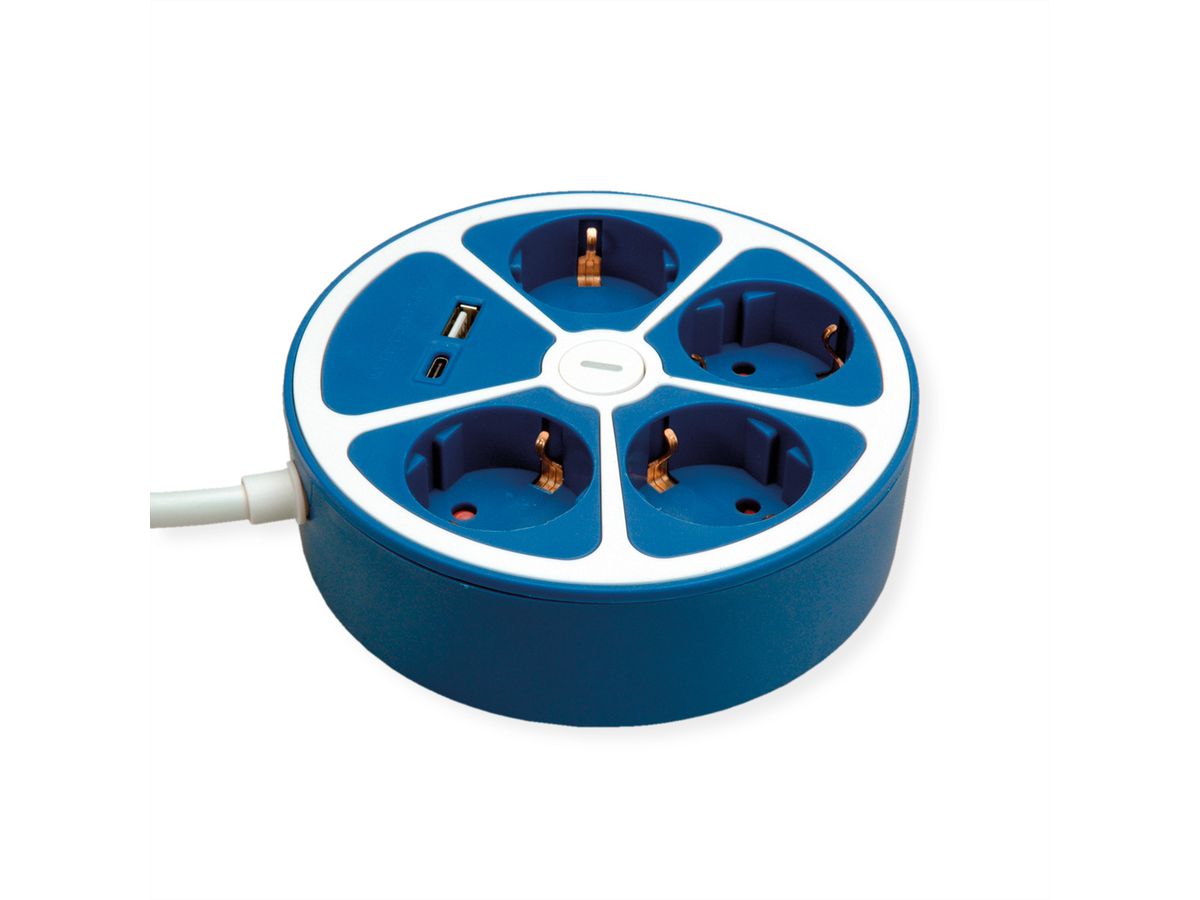 ROLINE Power Strip, 4-way, with switch, round, 1x USB A+ 1x USB C, blue, 1.5 m