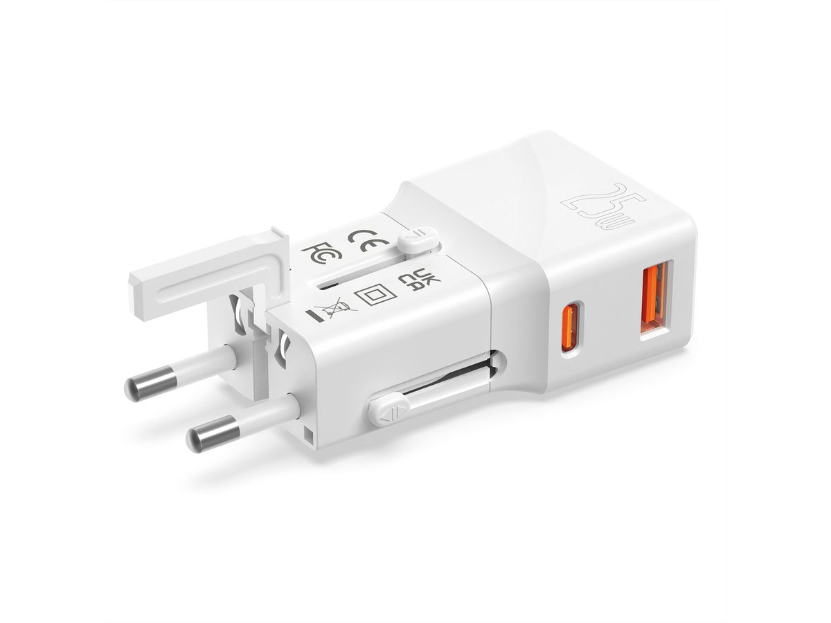 VALUE POCKET Travel Charger, EU/UK/US, 2x Ports (A+C), 25W, white