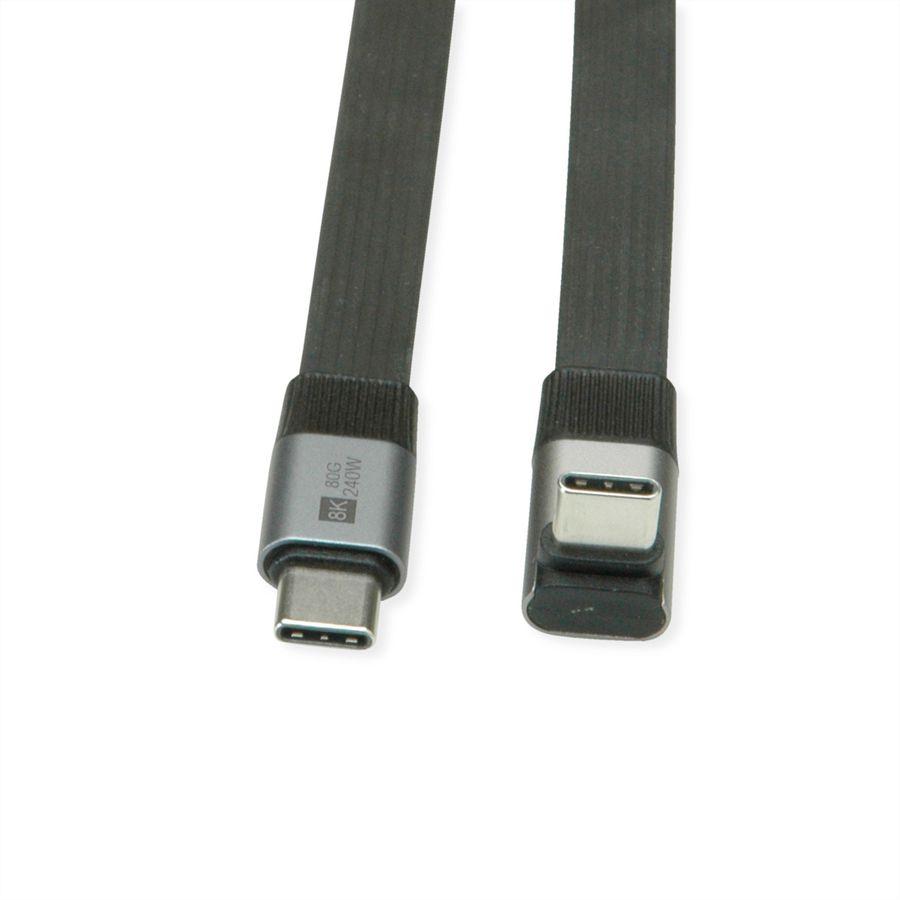 ROLINE Cable USB4 2.0, Flat, Straight-270° Angled, with Emark, C–C, M/M, 8K UHD-2, 80Gbit/s, 240W, black, 0.8 m