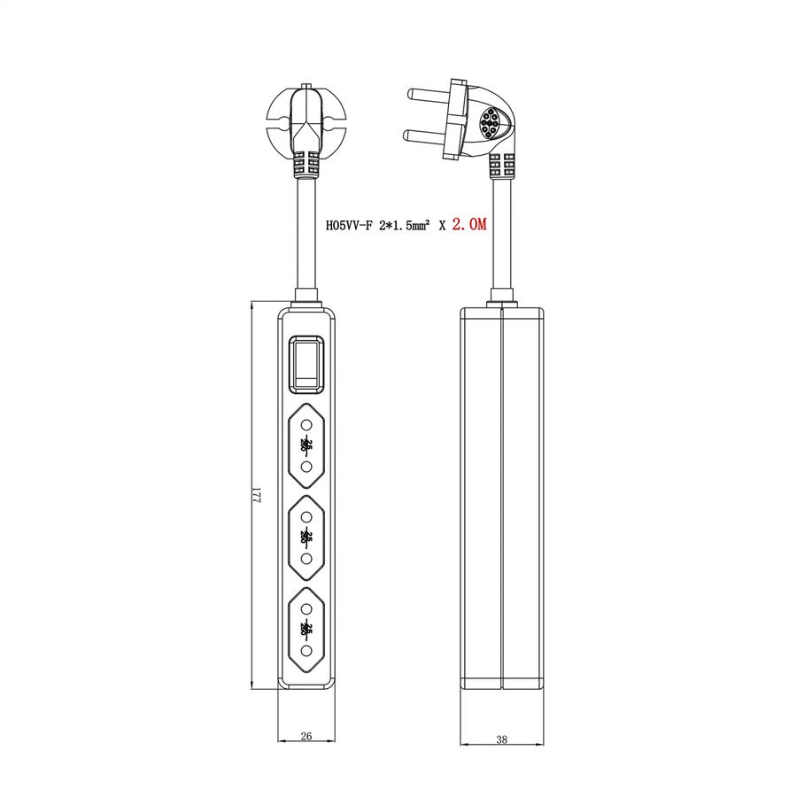 VALUE Power Strip 2-Pin Euro Type, 3-way, with Switch, 1.5 m