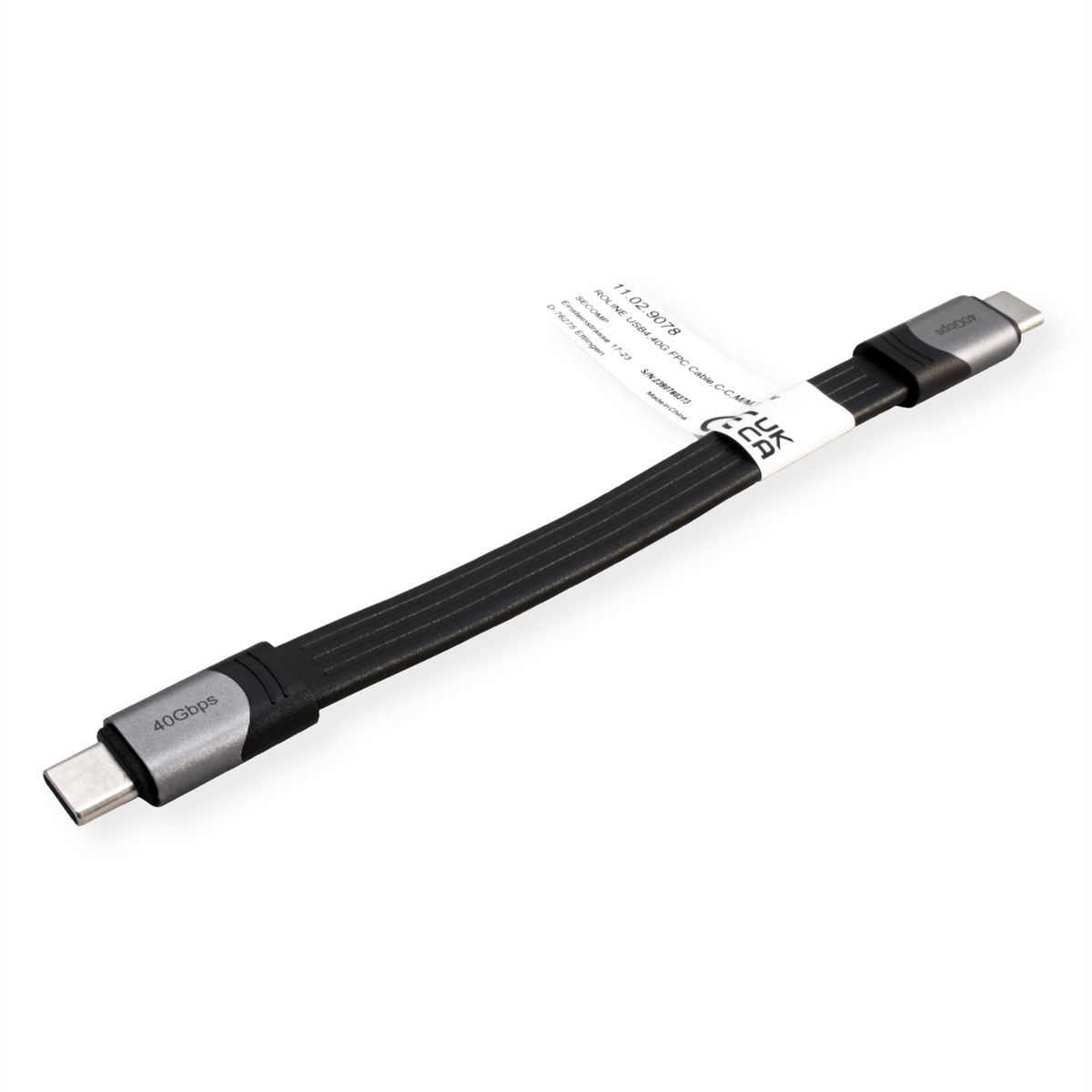 ROLINE USB4 Gen3x2 Cable, PD, C-C, M/M, 8K UHD-2, 40Gbit/s, 100W, extra-flat, black, 15 cm