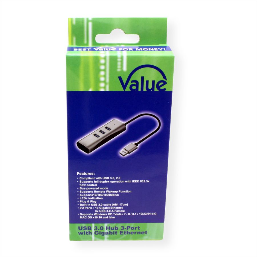 VALUE USB-A to Gigabit Ethernet Converter + Hub