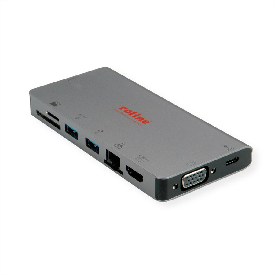 ROLINE USB Type C docking station, 4K HDMI, 1x VGA, 2x USB 3.2 Gen 1 ports, 1x SD/MicroSD card reader, 1x USB Type C PD (Power Delivery), 1x Gigabit Ethernet