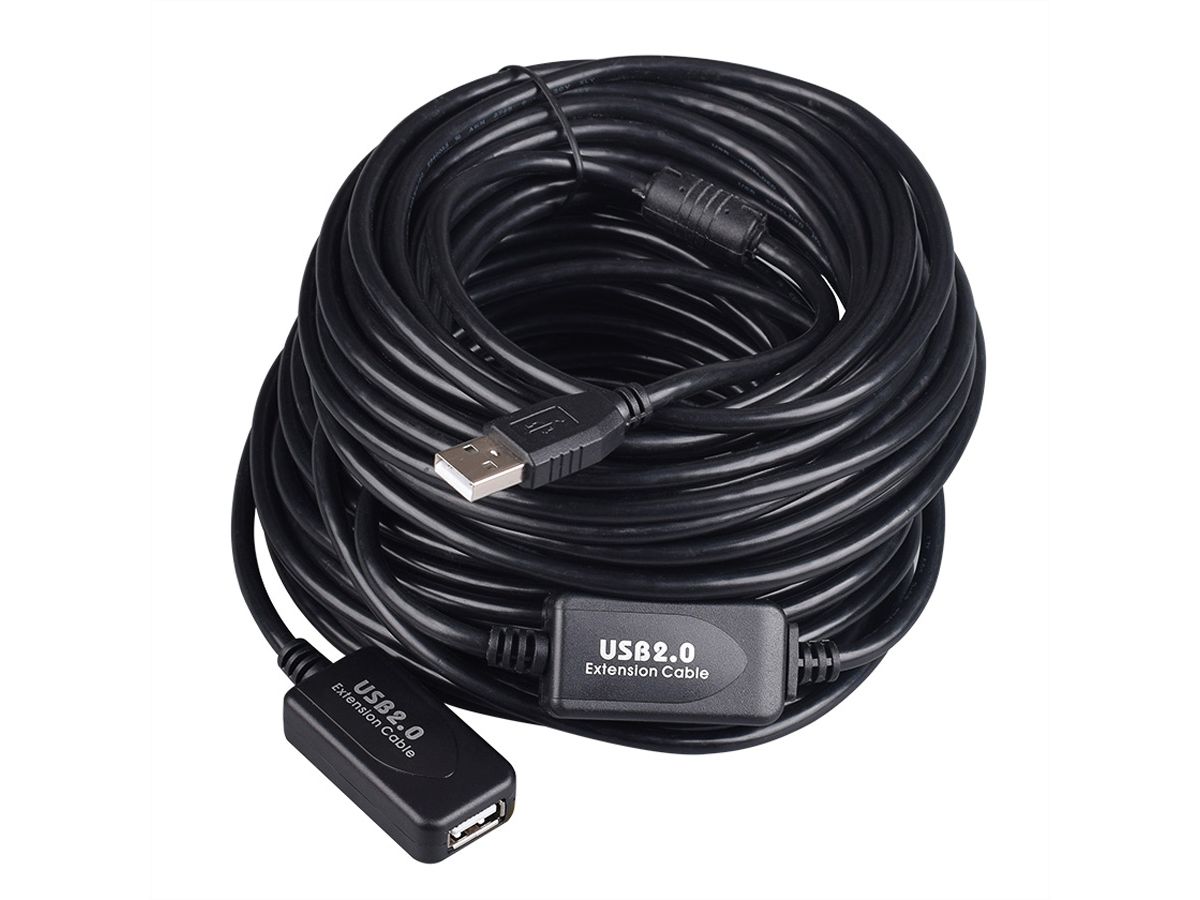 USB 2.0 Extension Cable, active with Repeater, black, 15 m