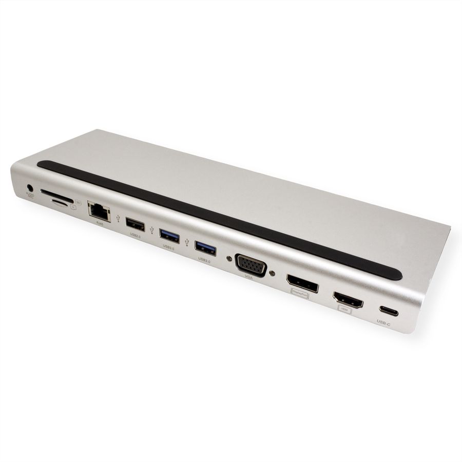 VALUE USB-C Multiport Docking Station, 4K HDMI/DP, VGA, USB 3.2 Gen 1, USB 2.0, SD/Micro SD Card Reader, Power Delivery, Gigabit Ethernet, 3.5mm Audio