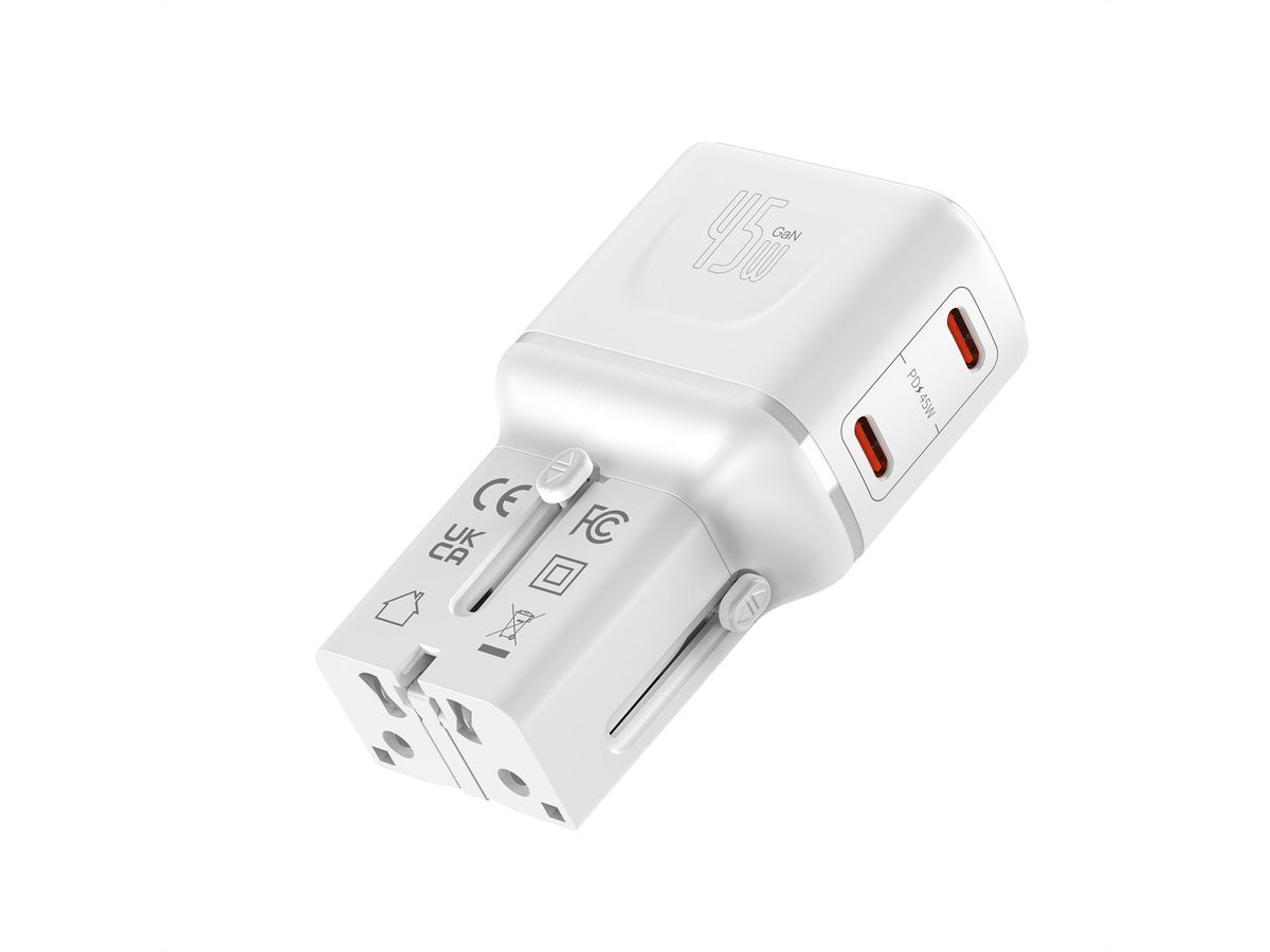 VALUE POCKET Travel Charger, EU/UK/US, 2x Ports USB C, 45W, white