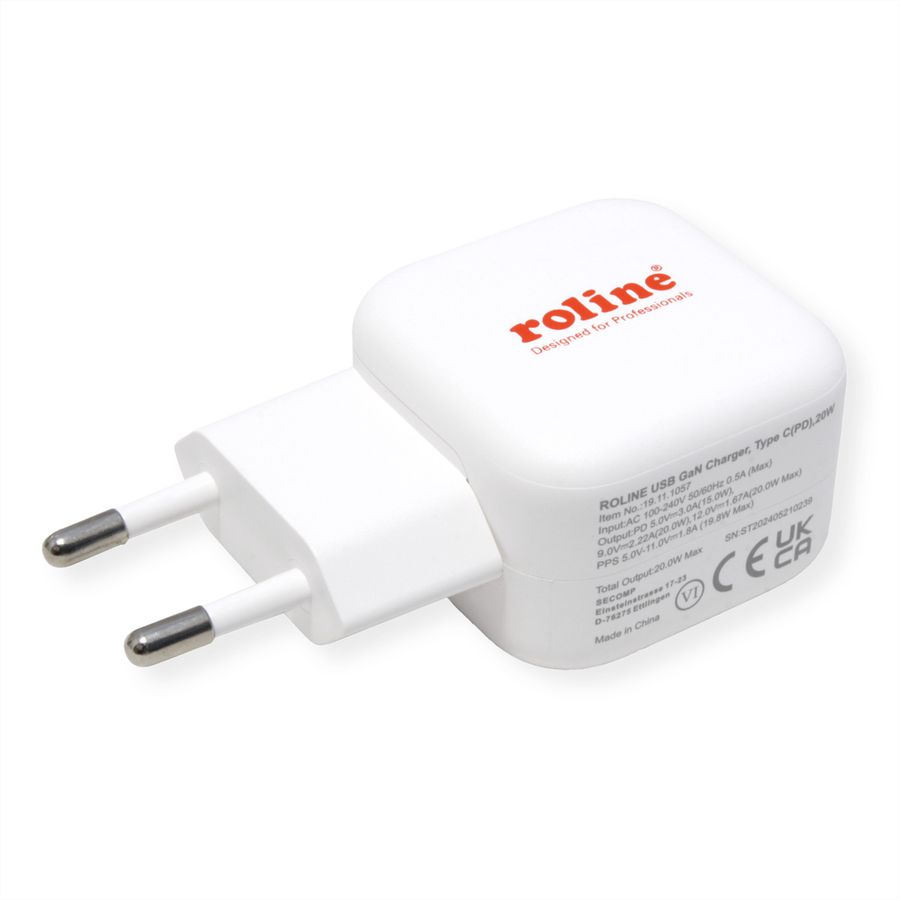 ROLINE USB Wall Charger, 1-Port, Type C, GaN, 20W