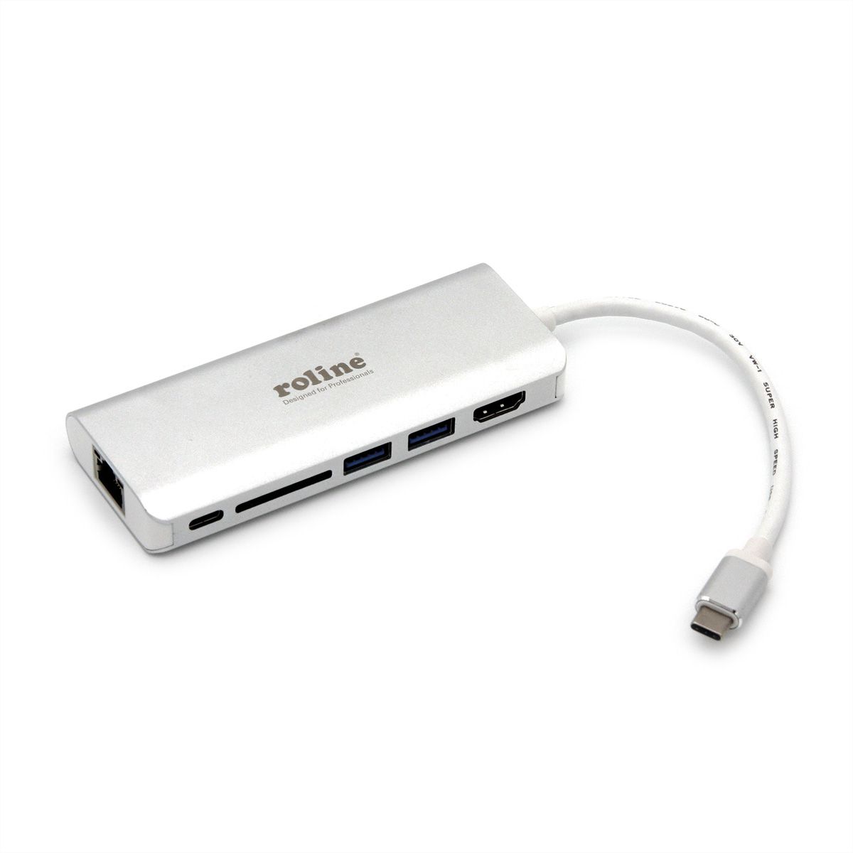 ROLINE USB Type C docking station, 4K HDMI, 2x USB 3.0 / USB 3.2 Gen 1 ports, 1x SD/MicroSD card reader, 1x USB Type C PD (Power Delivery) + Data, 1x Gigabit Ethernet