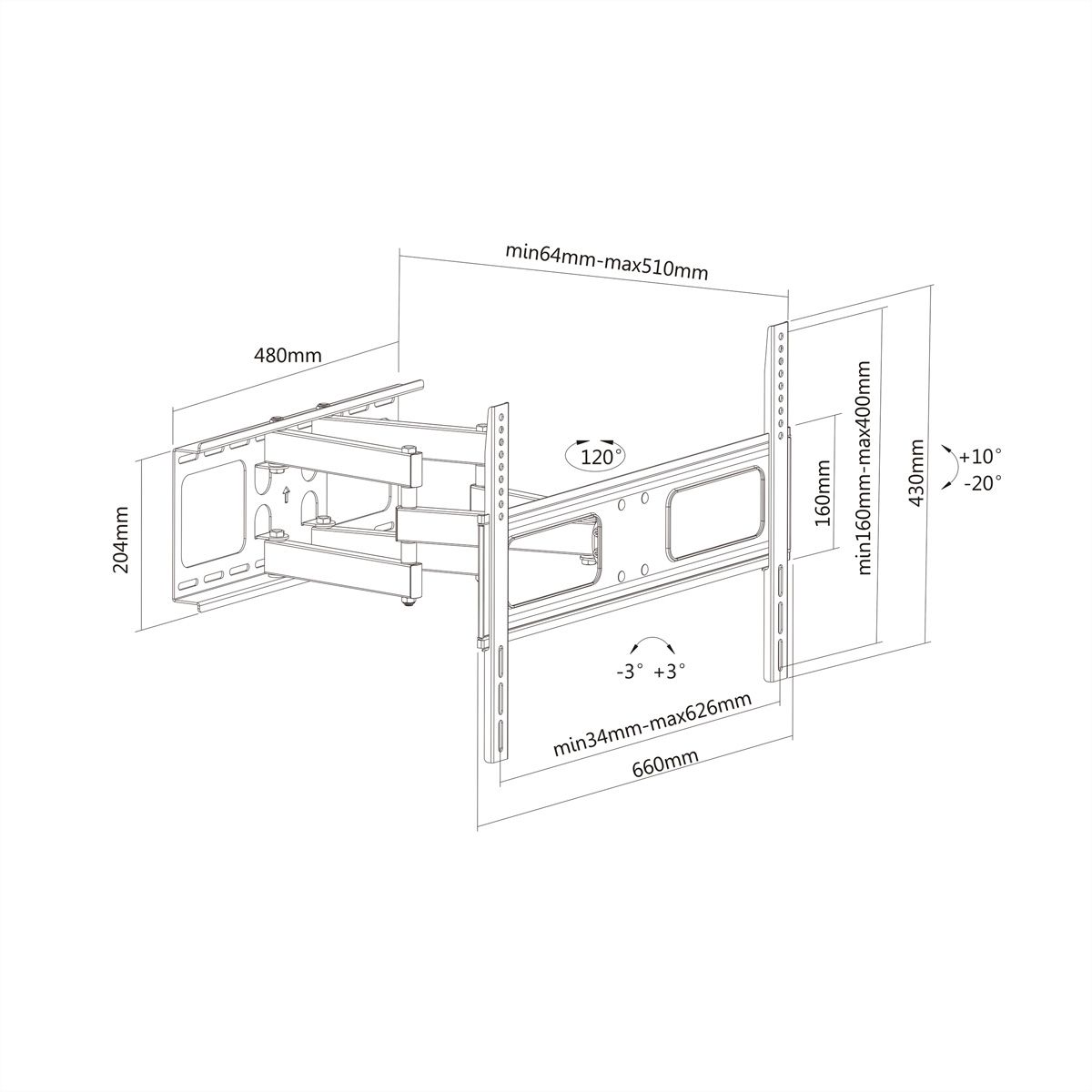 VALUE Solid Articulating Wall Mount TV Holder, up to 177.8cm (37" - 70")