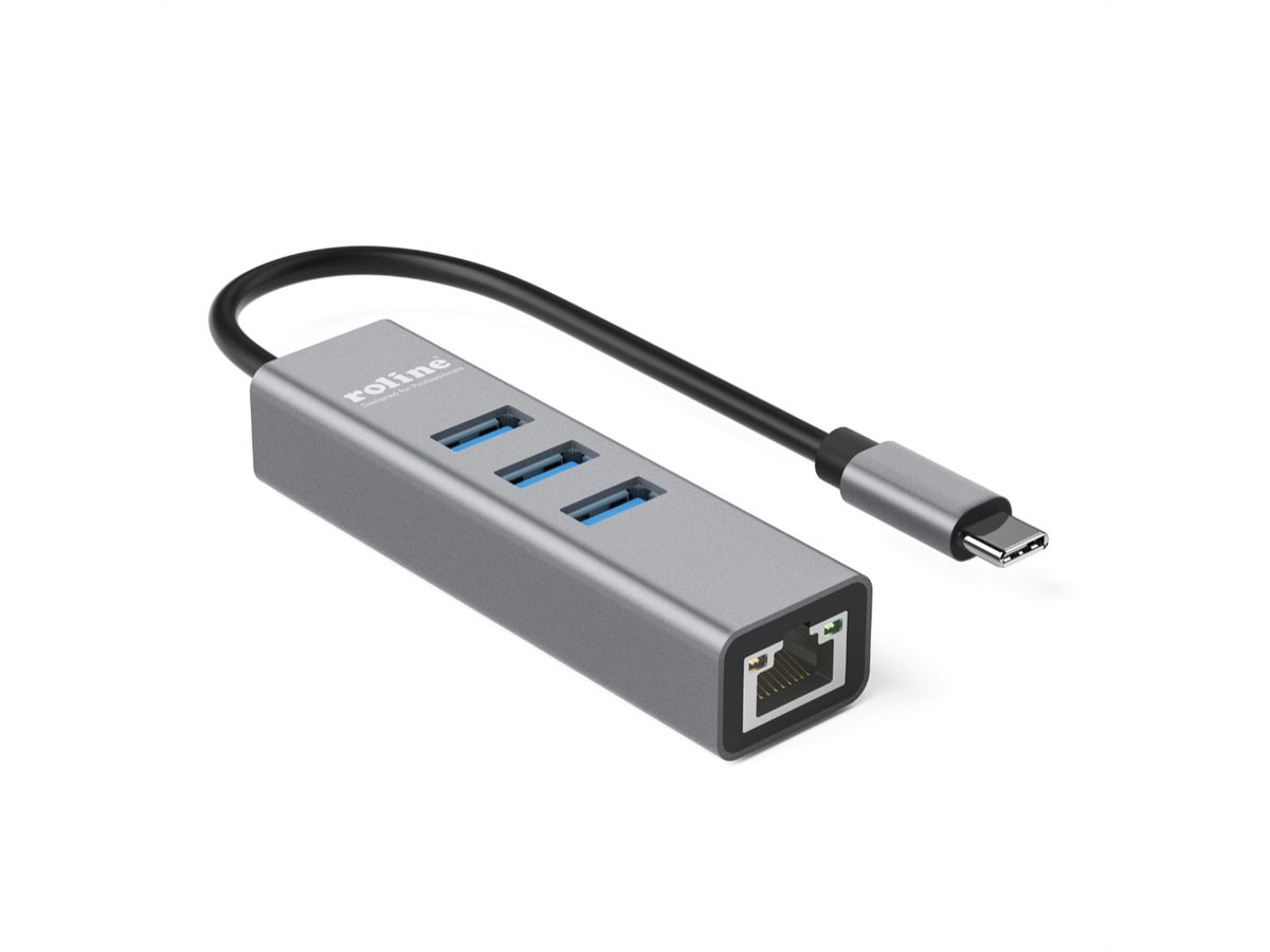 ROLINE USB Type C to Gigabit Ethernet Converter + Hub 3x