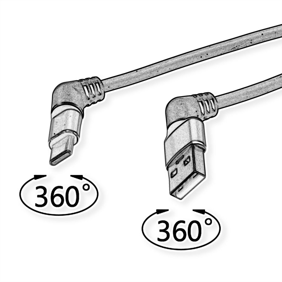 ROLINE 360° Rotation USB 2.0 Cable, C - A, M/M, 60W, Red Black, 1 m