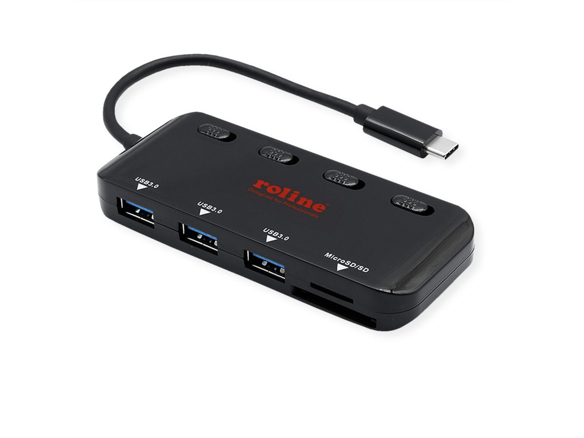 ROLINE USB 3.2 Gen 1 Hub, 3 Ports, Type C connection cable, with Card Reader, switchable