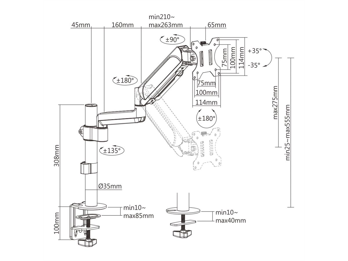 VALUE Single Monitor Arm, Pole Mount, 4 Joints, Desk Clamp