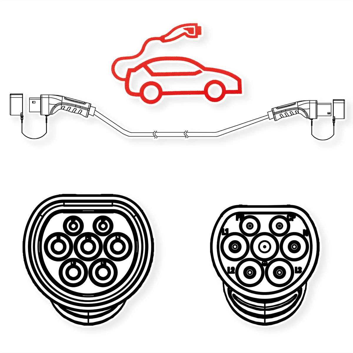 ROLINE EV Charging Cable Assembly Type2, 3-Phase, 480VAC (3P+N+E), 16 A, 11 kW, 7.5 m