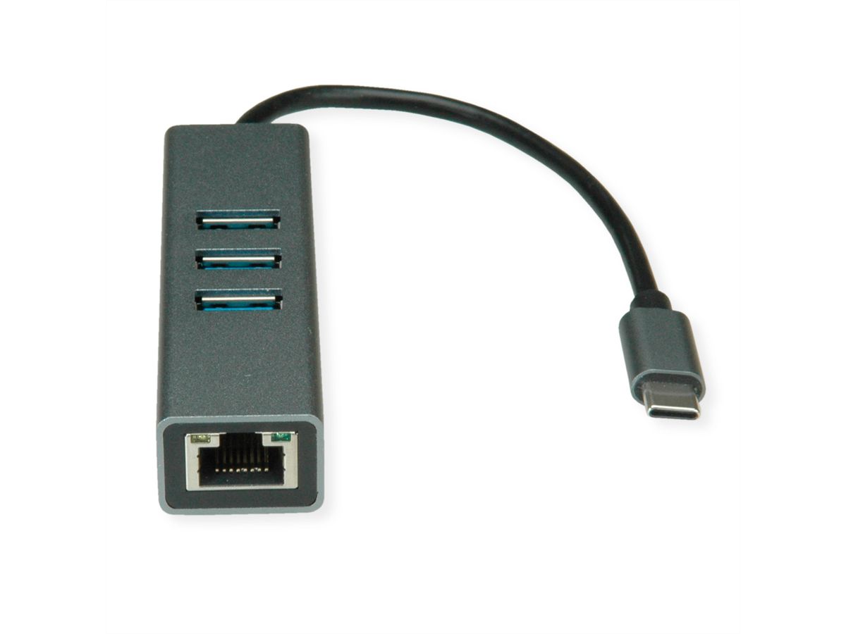 ROLINE USB Type C to Gigabit Ethernet Converter + Hub 3x