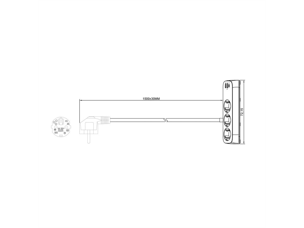 VALUE Power Strip, 3-way, with 3x USB (1x C + 2x A) and table clamp, 1.5 m