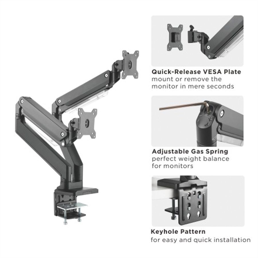 ROLINE Dual LCD Monitor Stand Pneumatic, Desk Clamp, Pivot, 5 Joints, 17–35 inch, max. 2x 15 kg