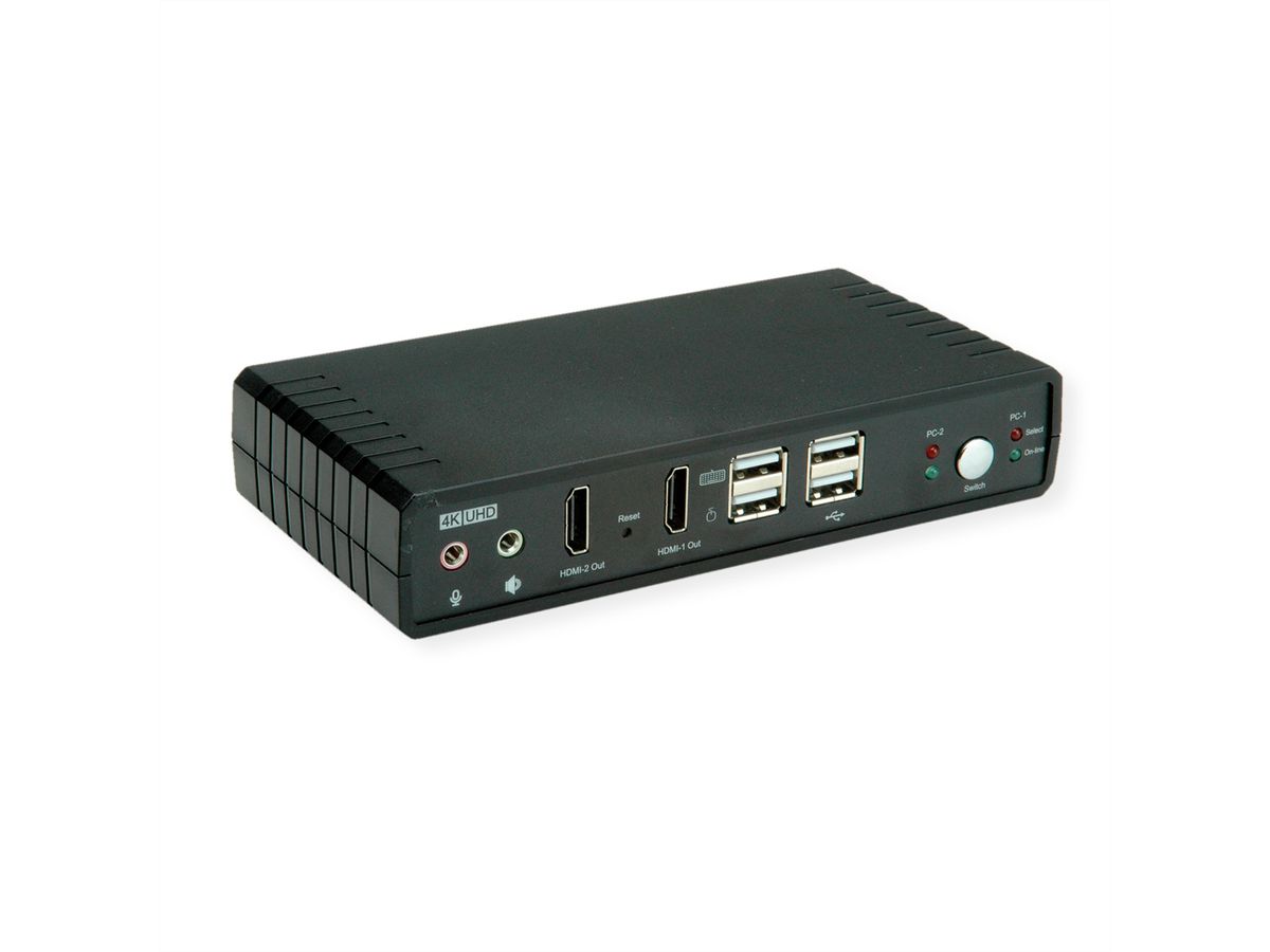 ROLINE Dual-Head 4K@60Hz HDMI KVM Switch, 2 PCs, DP/HDMI, Audio, with 2 Port USB 2.0 Hub