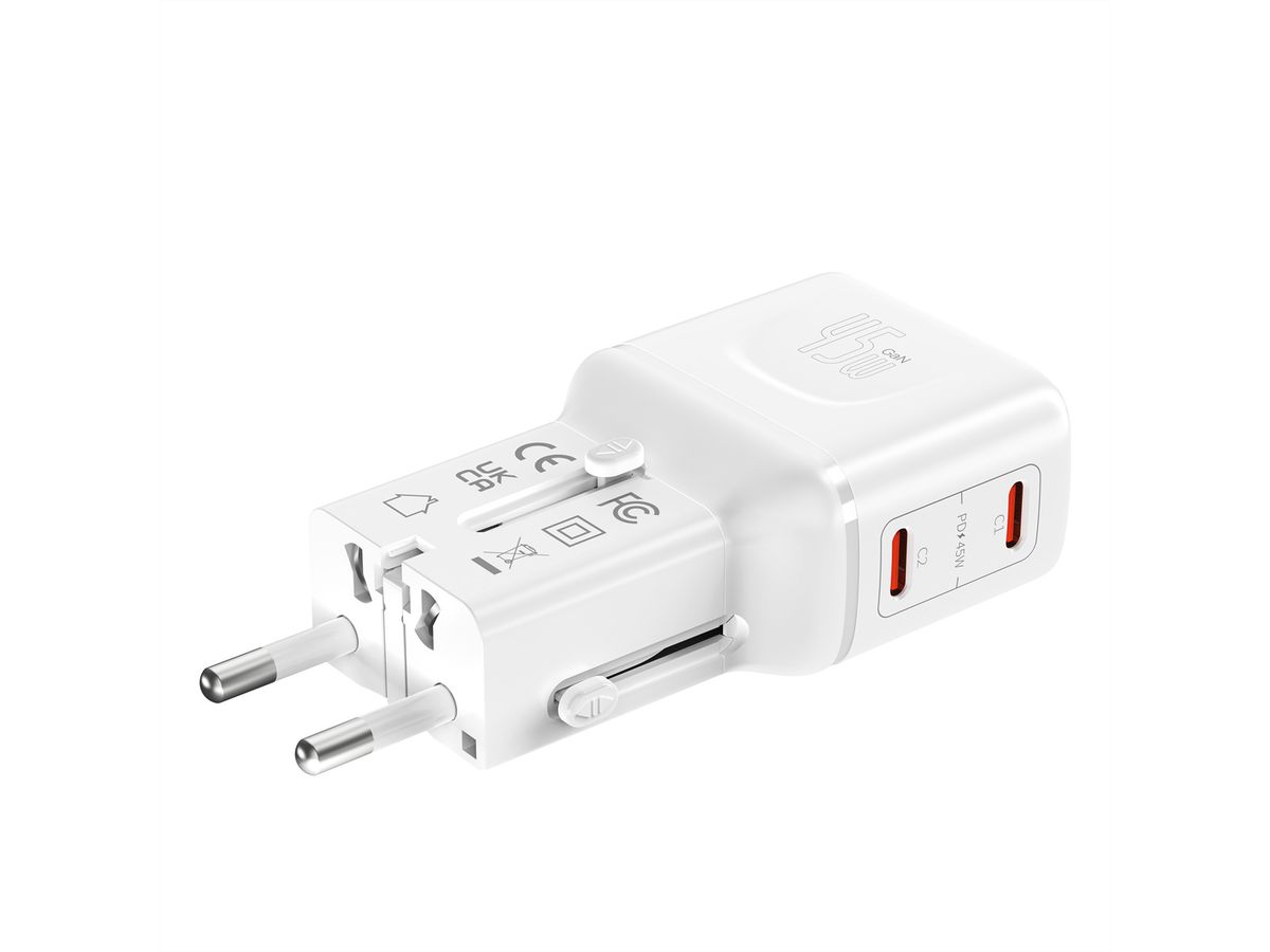 VALUE POCKET Travel Charger, EU/UK/US, 2x Ports USB C, 45W, white