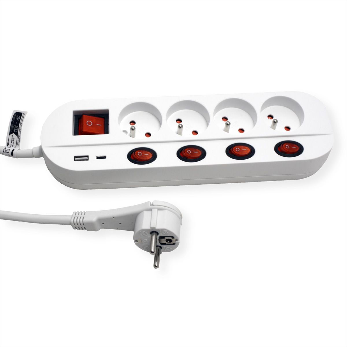 ROLINE Power Strip, 4-way, UTE, with individual on/off switches, 1x USB A, 1x USB C, 3 m