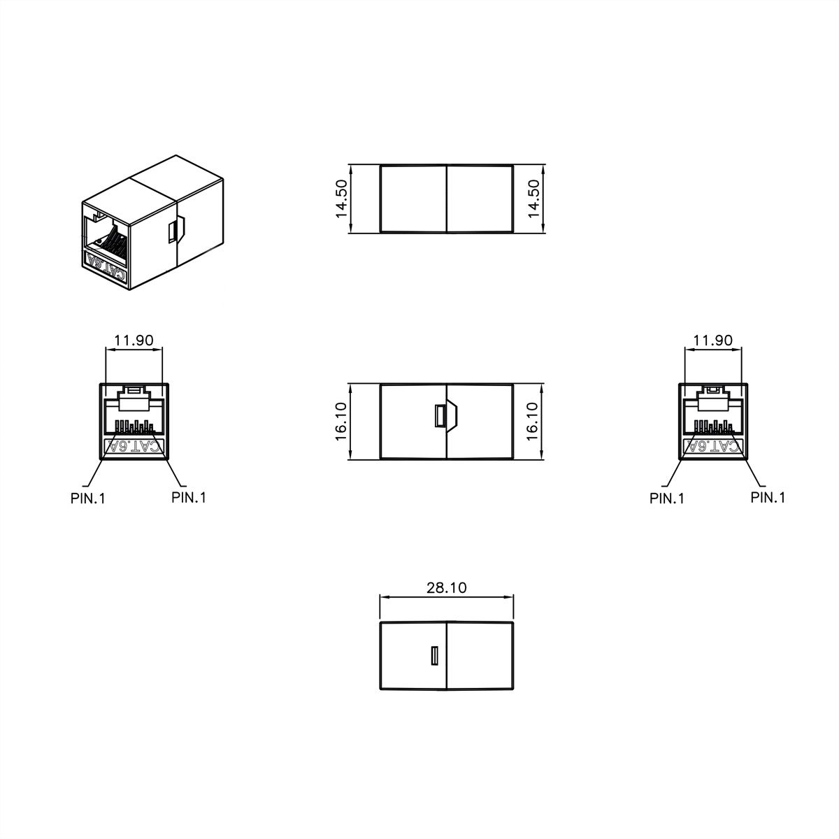 ROLINE RJ-45 Mini Inline Coupler, Cat.6A (Class EA), unshielded, white