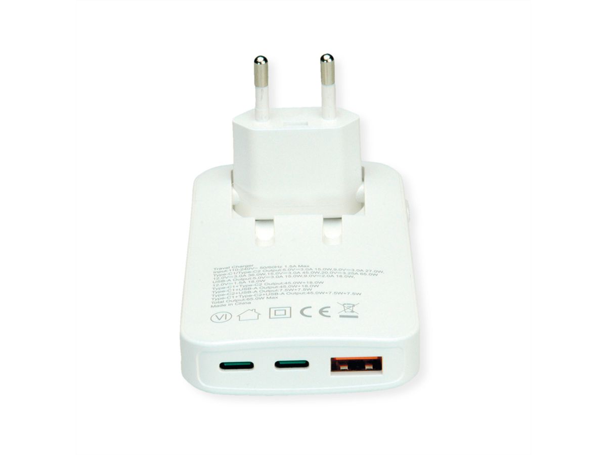 ROLINE Ultra Thin USB Wall Charger, 2x C, 1x A, 65W