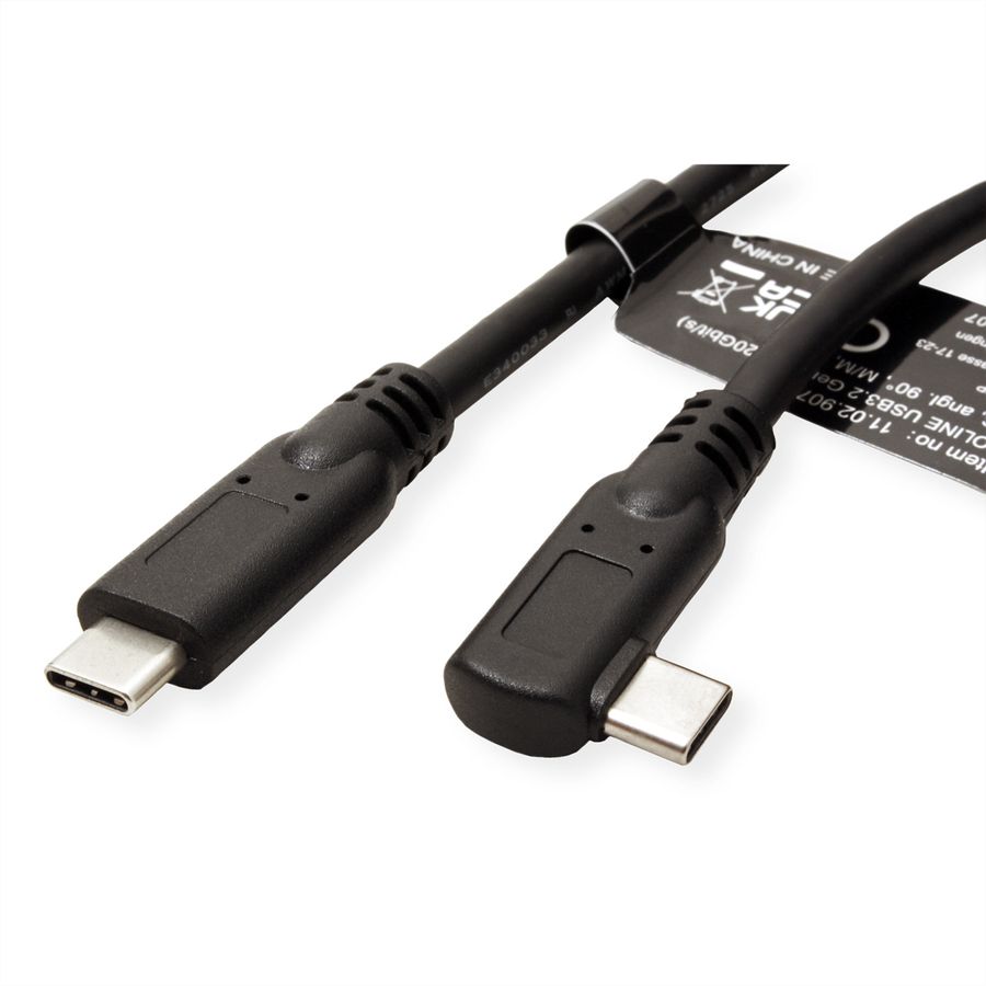 ROLINE USB 3.2 Gen 2x2 Cable, PD, C-C, M/M, 4K UHD-1, 20Gbit/s, Emark, 100W, 1x 90° angled, black, 1 m