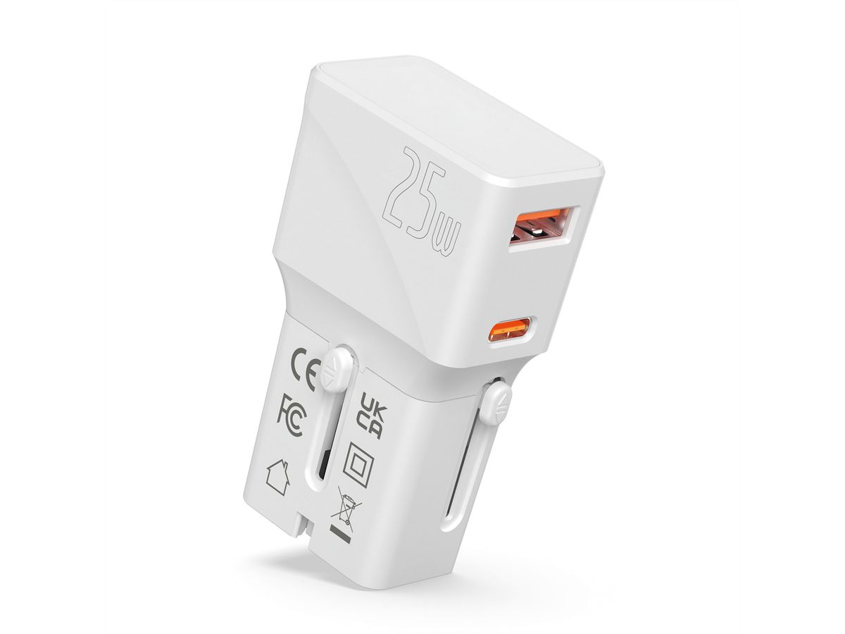 VALUE POCKET Travel Charger, EU/UK/US, 2x Ports (A+C), 25W, white